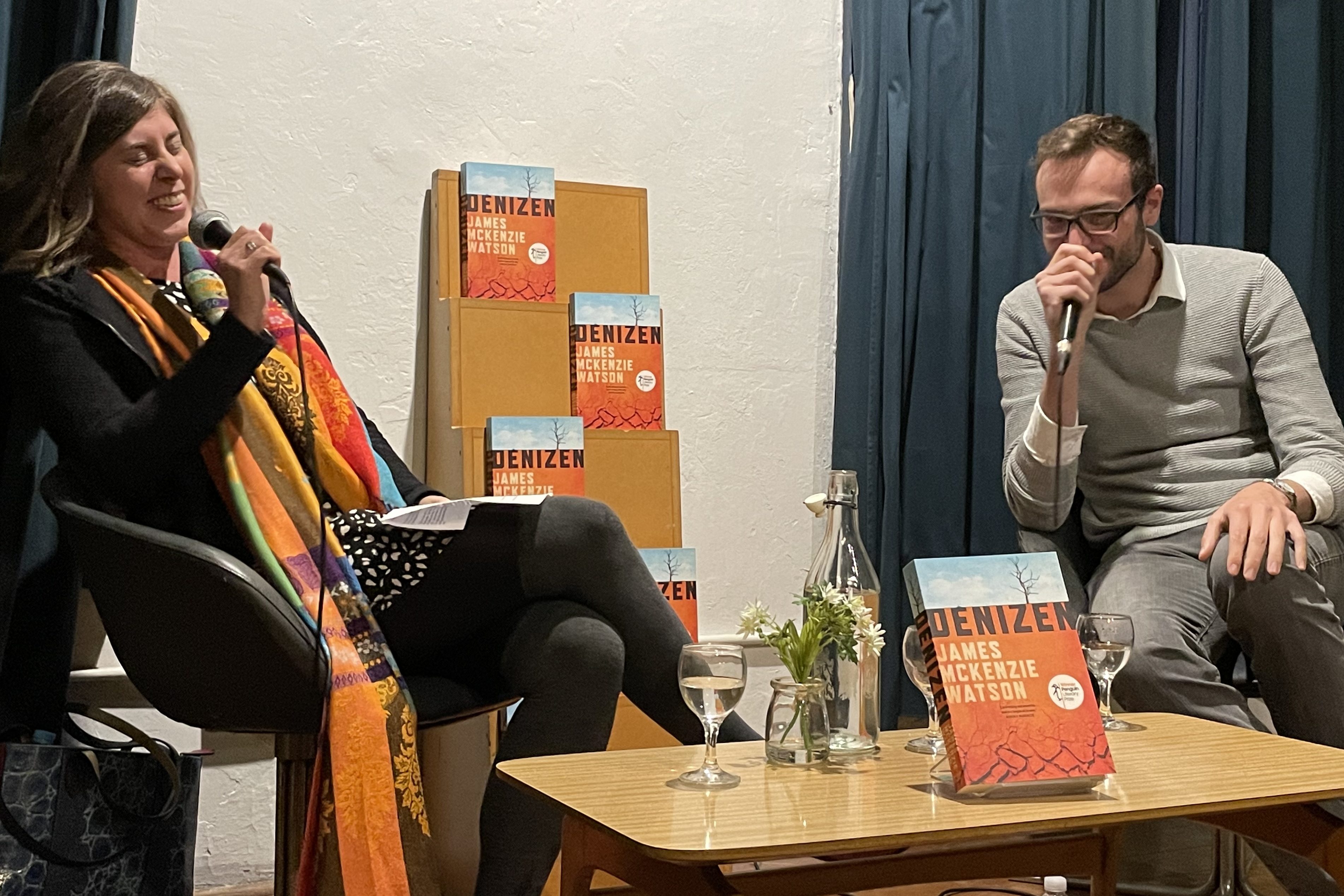 Authors Ashley Kalagian Blunt and James McKenzie Watson at the launch of Denizen, laughing