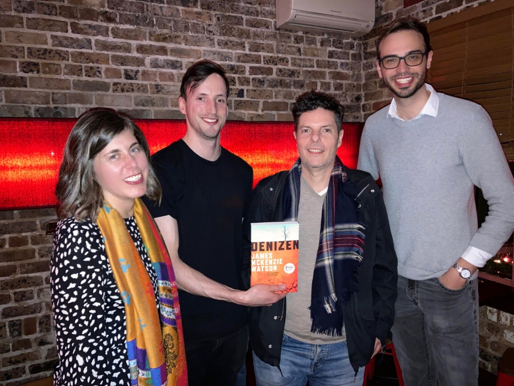 Author Ashley Kalagian Blunt with her writers group, three men including author James McKenzie Watson